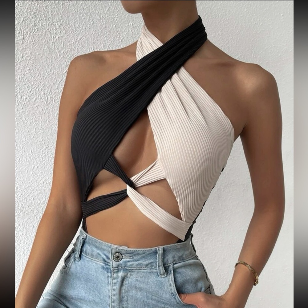 SHEIN cut out twist front halter bodysuit